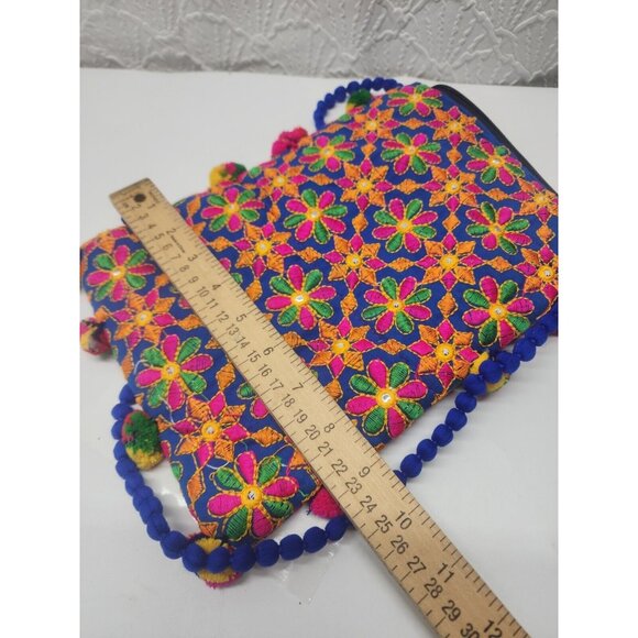 Multicolored Embroidered India Purse PomPoms Zip Closure Bright Colorful... - Picture 6 of 6